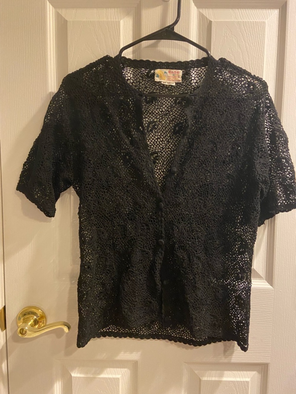 Hand Made Black Crochet Cotton Button-Front Top Short Sleeve Medium EUC